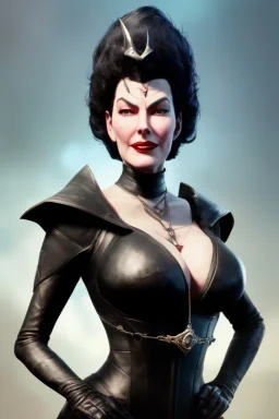 Ava Gardner as evil queen in black leather, busty, cleavage, curvy, angry, stern look. character design by cory loftis, fenghua zhong, ryohei hase, ismail inceoglu and ruan jia. unreal engine 5, artistic lighting, highly detailed, photorealistic, fantasy