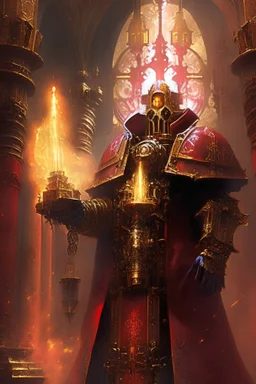 Flickering torchlight Cyborg orks Holy Relic of the Emperor Divine aura Gothic Imperial Cathedral Space Marine Chaplain robes Time warp grenade Golds and deep reds Floating parchments with litany Adeptus Astartes symbols Ornate Gothic architecture Fog from incense burners Sacred garden inside the cathedral Fortified monastery Winged servitors