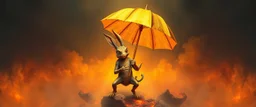 smite by god was the evil hare gremlin man holding a golden umbrella in a pool of smoke and lava in the style of Escher and Giger.