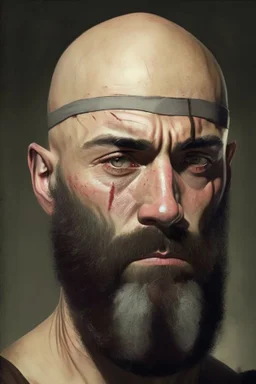 Portrait of a bald man, muscled, with quite-long brown beard, a black bandage covering his left eye