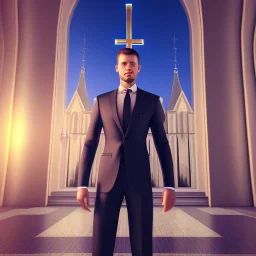 A handsome npc standing in front of a church, futuristic design, a paradise in background, close-up face, geometric yrmor