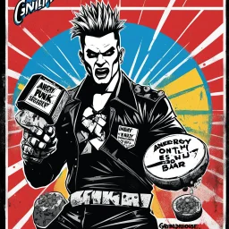 grindhouse comic poster/flyer for an underground wrestling show of advertisement poster of a British punk selling an energy bar to eat, with the iconic Anarchy sign