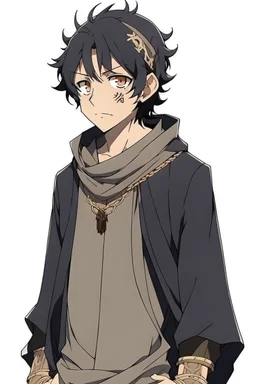 "Draw an anime character, a man with a black hair and full body, wearing traditional Arab clothing. He has white eyes outlined in black. He has a cold appearance, short hair, and a tan complexion. Draw it in the style of the anime 'Vanitas.'"