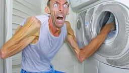 very skinny man sweating while trying to move dryer