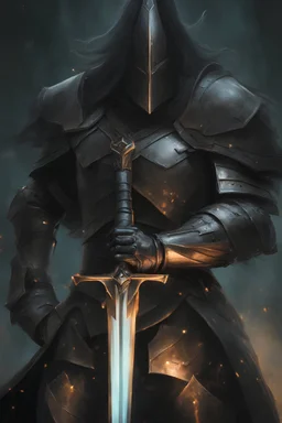 A close-up of a knight's gauntleted hand holding a shimmering, enchanted sword, its blade glowing with an otherworldly darkness. The contrast of the dark fantasy elements adds an air of mystery to the image. [Gauntleted Hand, Enchanted Sword, Shimmering Glow, Otherworldly Darkness, Dark Fantasy, Mysterious Atmosphere]