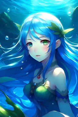 anime, 1girl, blue hair, elf ears, blue eyes, long hair, underwater