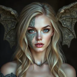 a portrait of an attractive blonde fantasy woman whose face is half human and half stone gargoyle