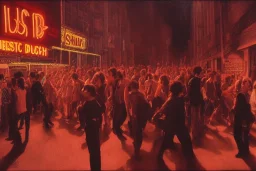 photorealism, 1980s west berlin disco scene, sound, intricate, sharp focus, 8k, hdr, uhd, fine shaded shadows, painting by dan witz