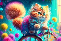 Fluffy tabby cat, adorable kitten, miniature bicycle, whimsical scene, playful concept, vibrant colors, detailed fur texture, charming expression, dynamic composition, cartoonish style, digital art, creative and imaginative, bright and lively palette, joyful atmosphere, skillful rendering, high resolution, skillful lighting to enhance cuteness.