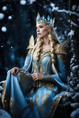 Elven princess,elven crown,long blonde golden hair,rapunzel hair,ice flowers,beautiful,light blue,dark blue,golden armor,sparkle,glitter,ice flowers,snow,elven ears,dark fairy princess