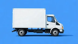 side profile of a white generic North American medium commercial truck with cube box with comedic proportions, blue background, Pixar comedic