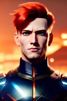 Male Cyborg anime warrior, orange hair, short hair, blue eyes, waist up portrait, 8k resolution, intricate details, ornate details, soft lighting, vibrant colors, retroanime, masterpiece, intricate eyeliner, dark eyeshadow, eyes, futuristic cityscape background