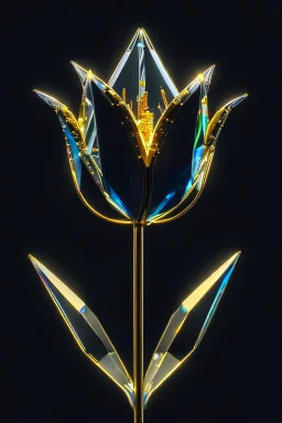 unzoom, centered, Crystal black tulip element shape, glass golden neon, cool gold, delicate science and technology sense line, black background, movie sense, HD, detailed light, cinematic, high detail, 4k, cyberpunk, 3d rendering, 32k , hyper detailed, magical and epic, epic light, the most perfect and beautiful image ever created, image taken with the Sony A7SIII camera, many details 8k speed effect (cinemagraphs) Phi Phenomenon (Mark Wertheimer)