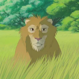 picture for children's book showing a cute lion behind tall grass in the jungle.