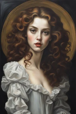 full body oil painting of an otherworldly, beguiling vampire girl with highly detailed hair and facial features ,in the painting style of Gian Lorenzo Bernini and Johannes Vermeer, with a fine art aesthetic, highly detailed brushstrokes, realistic baroque style