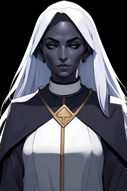 dnd, fantasy, high resolution, portrait, drow female priest with white hair and dark skin