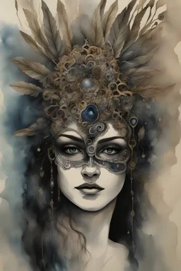 Aquarelle vantblack pouring Acrylic A beautiful ancient shamanism watercolour woman angelic Beauty extremely textured botanical faced portrait with a voidcore fil gothica headdress with metallic filigree gothica ornaments around ribbed with agate stones half face mand azurit and onix mineral stone metallic watercolour palimpsest steampunk filigree silver voidcore shamanism foral pansy margaréta daisy black ink on half face masque gothica filigree voidcore athmospheric organic bio spinal