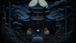 A dark bluish black shadowy temple with a moon squid painted by Hashimoto Gaho