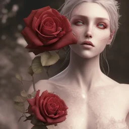 A VAMPIRE .red rose beautiful,utra realistic,highly detailed, masterpiece, delicate detailed, sharp focus, insanely detailed, fantasy art, intricate detailed, elegant, fog, Special Lighting, Vibrant, color Scheme, forest, unreal engine 5, trending on artstation