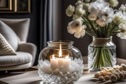 aroma diffuser at home With candles and white flowers in a crystal vase, aroma diffuser at home With candles and white flowers in a crystal vase
