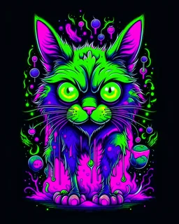 A scary cat Halloween character, adorned with eerie Halloween decorations, caused a a full moon in the night sky, spooky vibes, bones , Creepy, colorful, dark magic splash, gothic theme, horror, Terrifying, Scary, spooky green and purple lights, fantasy, vector art, flat design, 8k Ultra high details, black background.