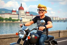 3D video game characters, a short blonde haired man wearing eyeglasses, t-shirts and jeans riding a motorcycle , Hungary, Budapest, Parliament, hearts, riverside, castle hill, happiness