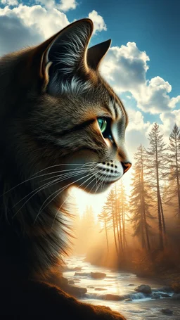 portrait of cat , Double exposure surreal digital art of a mysterious , his face in profile, blending seamlessly into the shape of the clouds . a magical forest scene unfolds, illuminated by golden light rays, with tall trees and a flowing river.