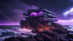 outpost on a cliff overlooking the stormy seas that serves as a safehouse during a zombie apocalypse, nighttime, storms, purple light in the windows, cyberpunk style, video game scene, hyperrealistic, hyperdetailed, Unreal Engine, 8k resolution, art station, god lights, ray tracing, RTX, lumen lighting, ultra detail, volumetric lighting, 3d