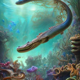 beautiful, stunning paleoart of serpentine eel with alligator head swimming underwater, coral reefs, plants, in the style of eleanor kish, davide bonadonna, julius csotony, fabio pastor, wide field of view, Masosaurus, photorealistic, illustrative, digital art, 8k resolution, detailed matte, painting, artwork, deviantart