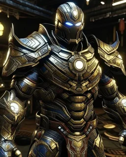 An armor made of a mixture of steel and leather, worn by a strong commander with magical power infinity gauntlet has six infinity stones And two big wings on his back