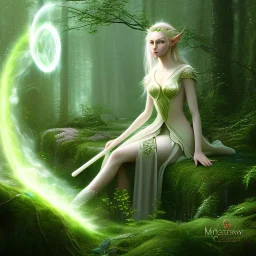 romantic fantasy spray painting, portrait of cute green eyed blonde robed elf poet with halo sitting in huge marble , bubbles, loosing torch in magical forest, foliage frame, magic wand