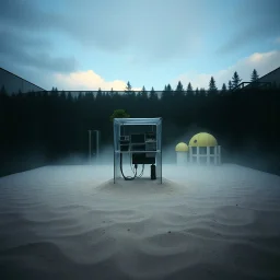 A photo of a closed environment in a dark closed space. In the background there is a forest. Più piani si intersecano. At the center, a structure made of plastic. Some electronical devices. Plants, clouds. Max Ernst. The surface below appears to be sandy, with small accumulations of sand. Fog, powder. In the background, other forms or structures are visible, pastel colors, yellow. The photo was taken with a Hasselblad H6D 400c camera.