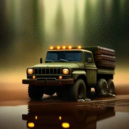 hyperrealistic shot, military toy truck, earth color palette, sharp focus, puddle reflection, tire water splash, refraction, rain on the horizon, shadowcast, detailed and intricate, cinematic composition, micro, tilt shift photography