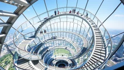 A breathtaking observation tower designed in the form of a spiraling double helix. The spiral staircase wraps around the central structure, with each level providing panoramic views. The combination of curving steel beams and transparent glass panels gives the impression of a graceful, floating spiral, offering an elegant ascent to the top. Award-winning photograph.