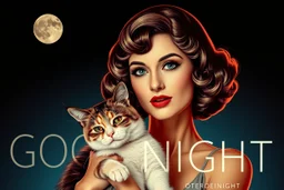 sign "GOOD NIGHT", photo, portrait of an art deco woman with a cat