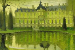 A pale greenish yellow flashing palace with defensive shields painted by Claude Monet
