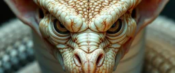 close up portrait of high serpent judge with smooth grainy skin fine pores and real skin texture, clear transparent skin, wise eyes, hairy macho gremlin disco albino limbo