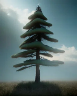 Pine tree with a hat on clouds