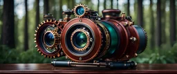 Ladybird inspired Steampunk symmetrical telescopic DSLR Camera, hyperrealism, intricate, 8k resolution quality, brown honey dark red pure leather armour steel and blue sage green metallic, cinematic FHD octane rendering. Zeiss high-end zoom lens, Obsidian real gears, forest background