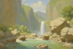 sunny day, rocks, waterfall, mountains, videogame influence of need for speed 3, gustave de smet and emile claus impressionism paintings