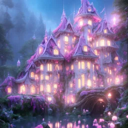 a magical flower bleu pink house in the woods, pink vertical, blue lake,sharp, vines, candlelit, endor, ornate, elegant, highly detailed, artstation, concept art, smooth, sharp focus, illustration, 8k, splash art, wallpaper, key visual