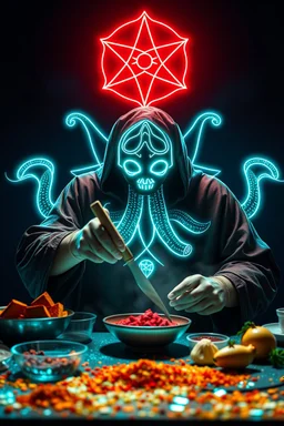 mixing up spices while making food, extremely sharp hypnotic soothing emotional support sacred geometry radiation star priest anonymous octopus by munch singer symbol in front of depth of field neon google neon glass submarine effect