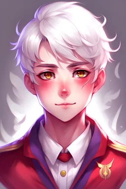 A manho boy , white hair, violet eyes, and wearing a red uniform