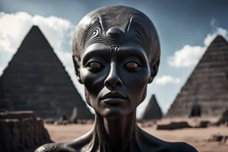 Hyperrealistic medium shot, low angle portrait of alien woman. Her face has the features of the mohais of Easter Island on an unknown planet. He has stone skin black as coal. Behind her, you can see the alien planet landscape and far away a stepped pyramid shape under construction. High detail. Trendy cinematography. 32K. extremely detailed. Professional photography. seductive lighting.cinematography, by pascal blanche rutkowski, artstation hyperrealism painting concept art of detailed charact
