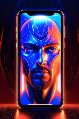 a 3d male face coming out of a realistic iphone 14 screen, inspired by Tim Hildebrandt, futuristic, glowing, sci-fi digital art illustration, stefan koidl inspired