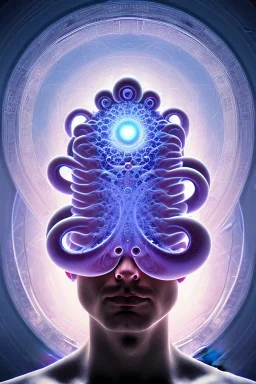 Spiritual sphere with Tentacles over human Head creating reality around, asymmetrically wrapping Tentacles around Human, Dimethyltryptamine