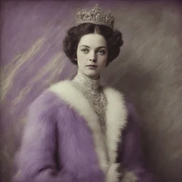 Virgin queen elizabrth, purple fur, striped wallpaper, old autochrome