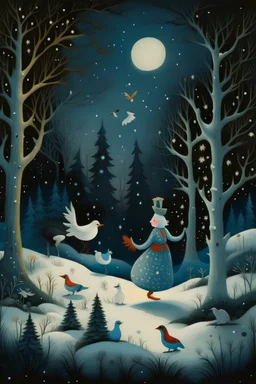 imagen de blancanieves paseando por el bosque en una noche estrellada y con luz de la luna y con los pajaros y animales a su alrededor acompañandola