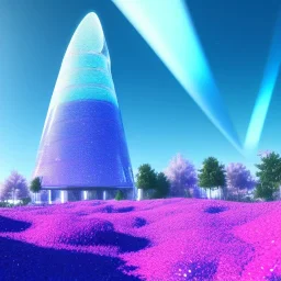 Blue futuristic cristal tower in a flowery countryside, glitter pink in a galactic ambiance, delicate colors in the foreground, full of details, smooth, light effect，vaporwave colorful, smooth, extremely sharp detail, finely tuned detail, ultra high definition, 8 k, unreal engine 5, ultra sharp focus