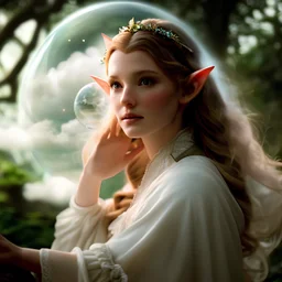 photoreal close-up of a magnificent elf sorceress in a treehouse with mystical clouds at night, swirling crystal ball in background
